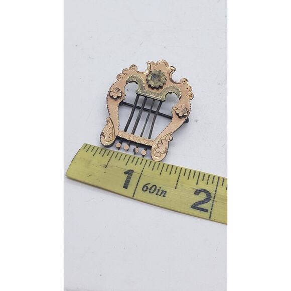 Vintage Antique Victorian Lyre Harp Brooch Pin Floral Etched Music - Picture 5 of 7